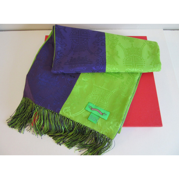 SHANGHAI TANG Blue & Green Silk Fringe 64" x 13" Shawl Scarf with Gift Box - Picture 1 of 5